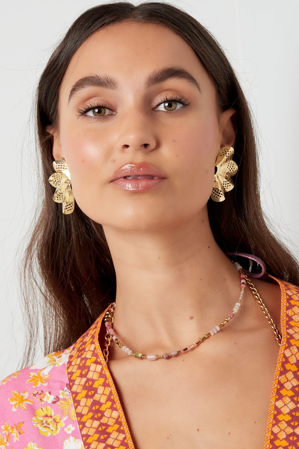 Ear stud half flower with print - Gold Color Copper h5Picture4