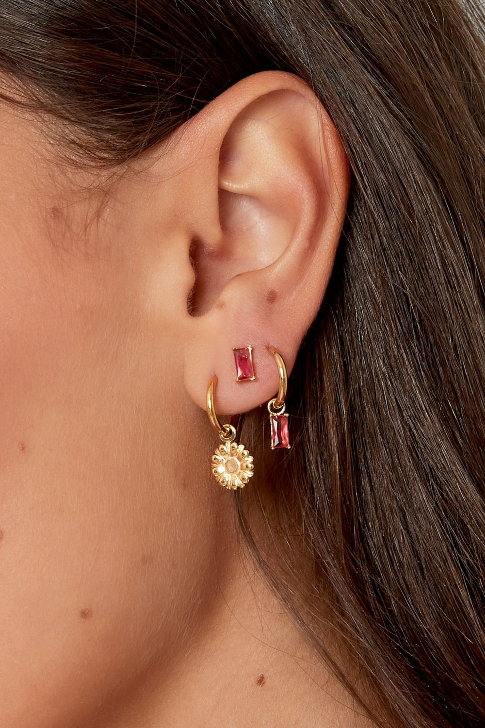Ear studs rectangular stone - Gold color/fuchsia h5Picture3