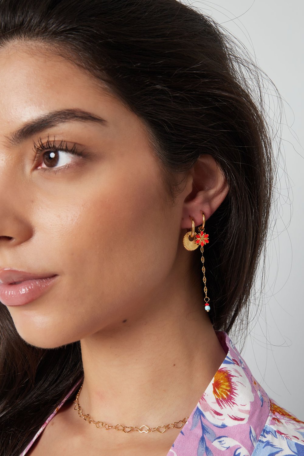 earring flower with chain and beads red Picture4