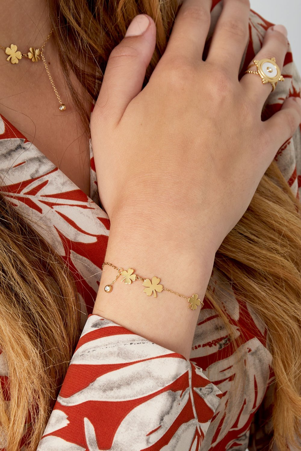 Armband mit drei Kleeblättern und Stein – Goldfarbe - Goldfarbefarbe h5Bild2
