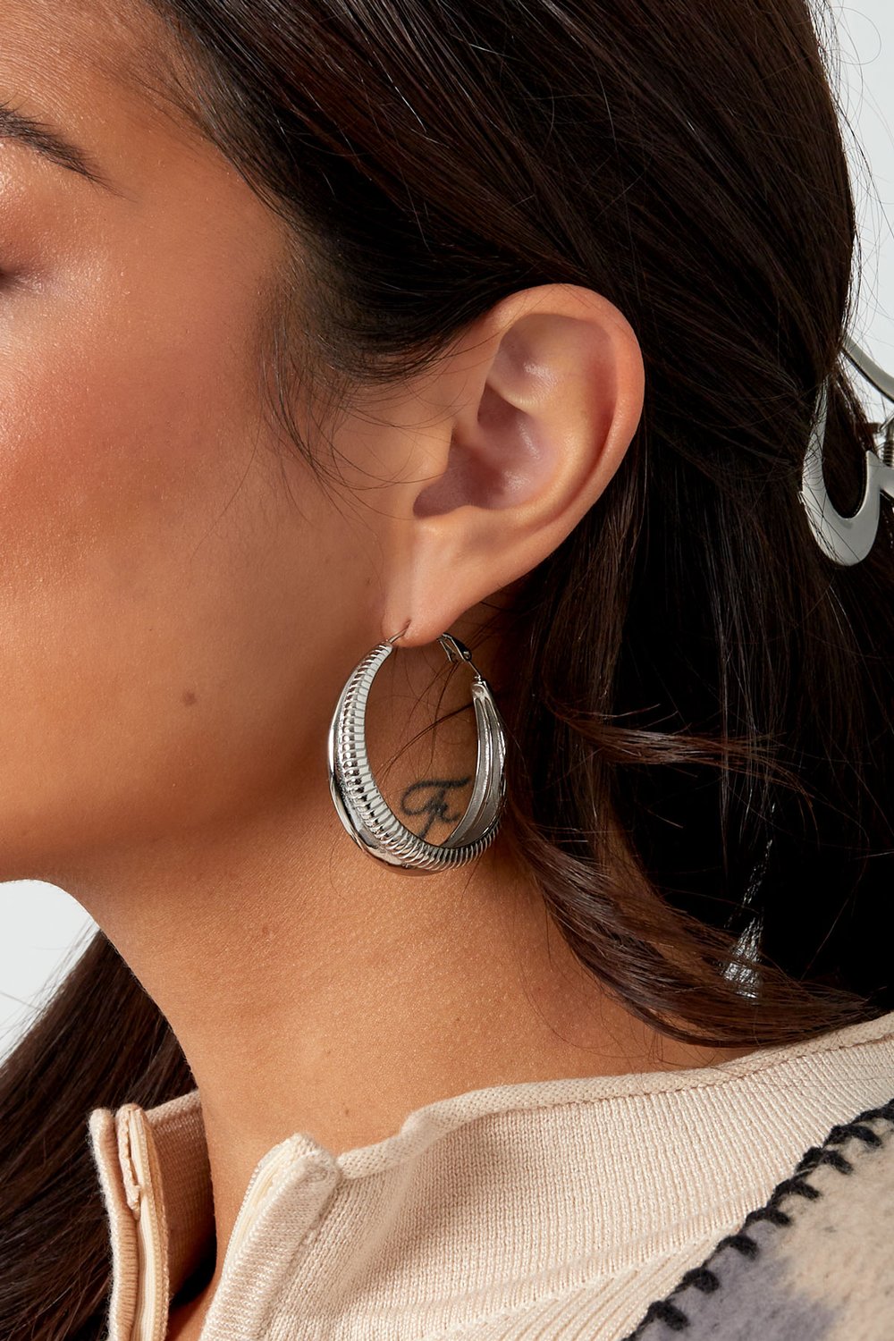 Earrings half plain/half print - Silver Color color h5Picture3