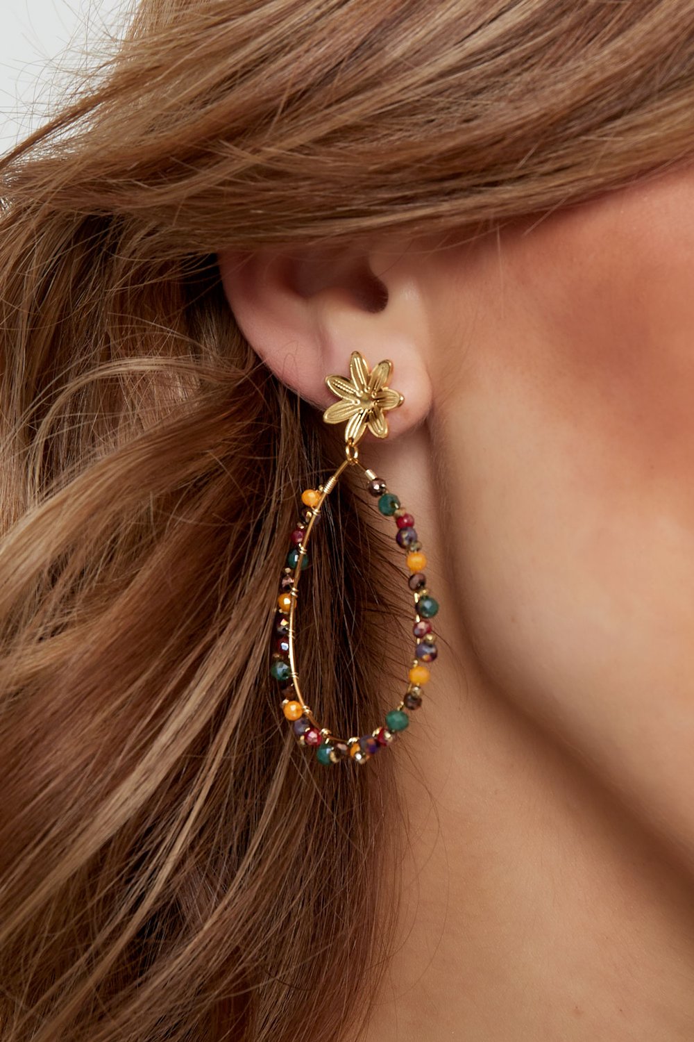 Drop earrings with beads and flower - Gold color/pink h5Picture3