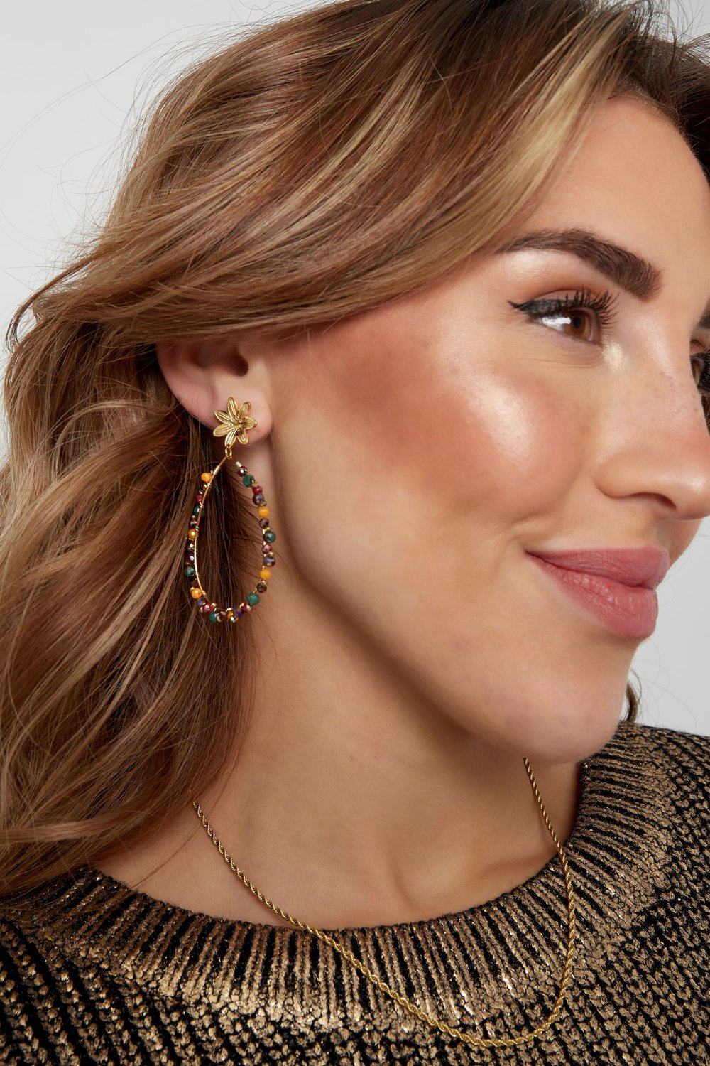 Drop earrings with beads and flower - Gold color/pink h5Picture4