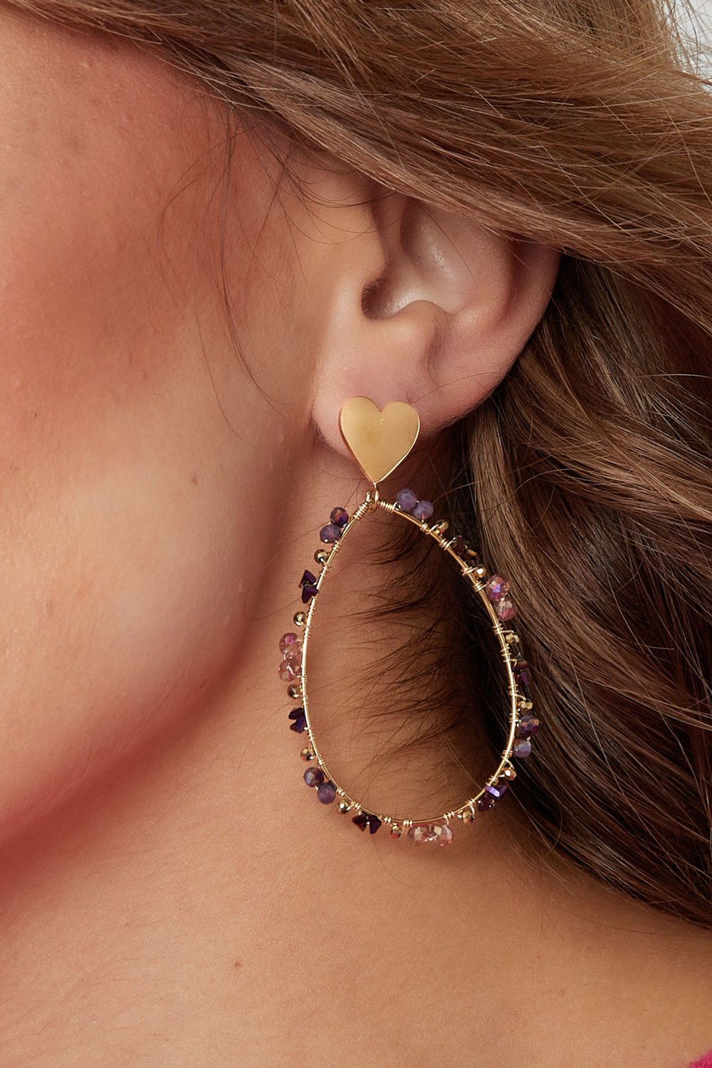 Oval earrings with beads and heart - Gold color/purple h5Picture3
