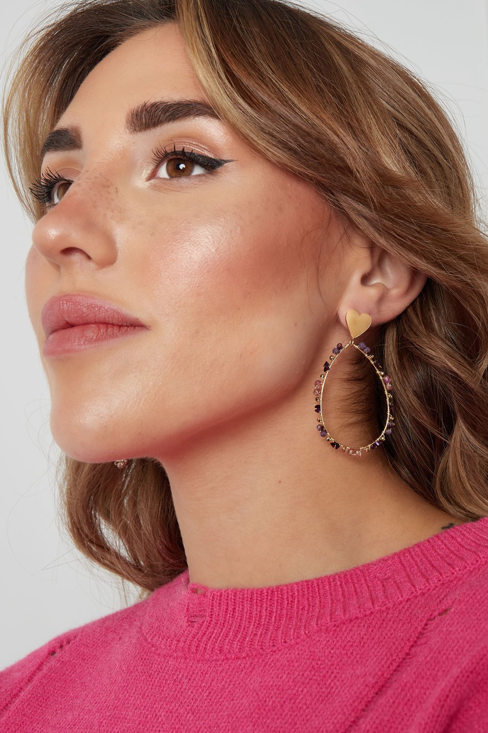 Oval earrings with beads and heart - Gold color/purple h5Picture4