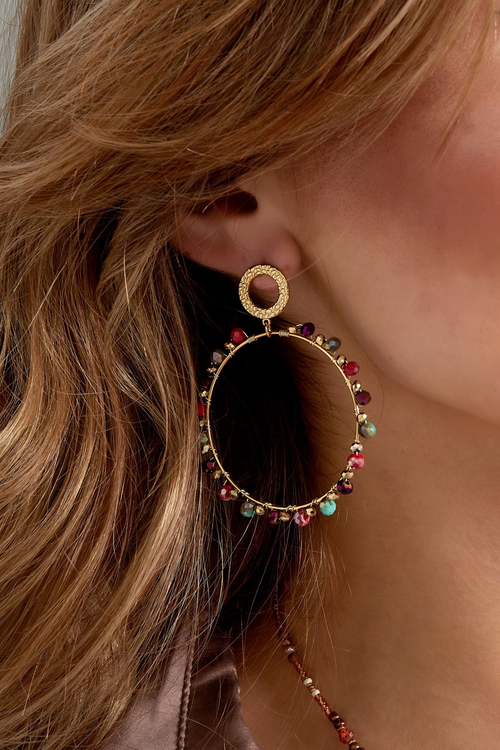 Double circle earrings with beads - Gold color/grey Picture3