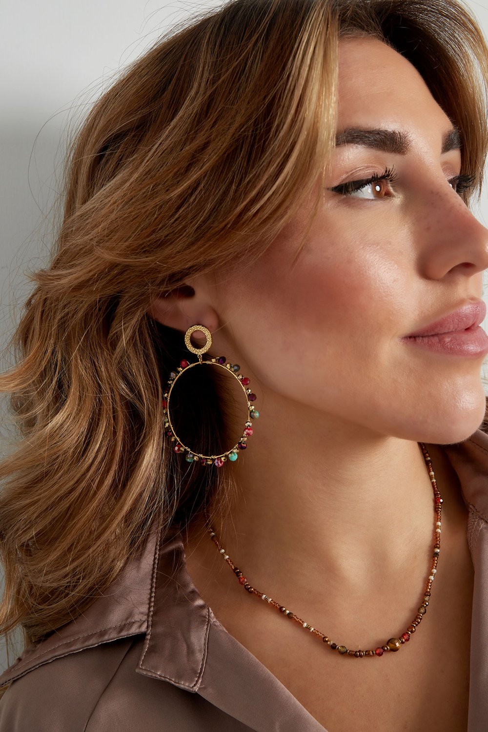 Double circle earrings with beads - Gold color/grey Picture4