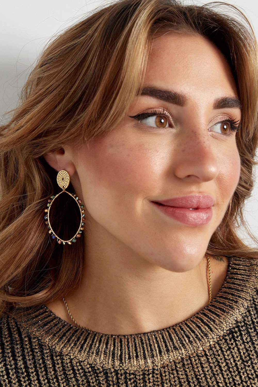 Oval earrings with beads - multi/Gold color h5Picture4