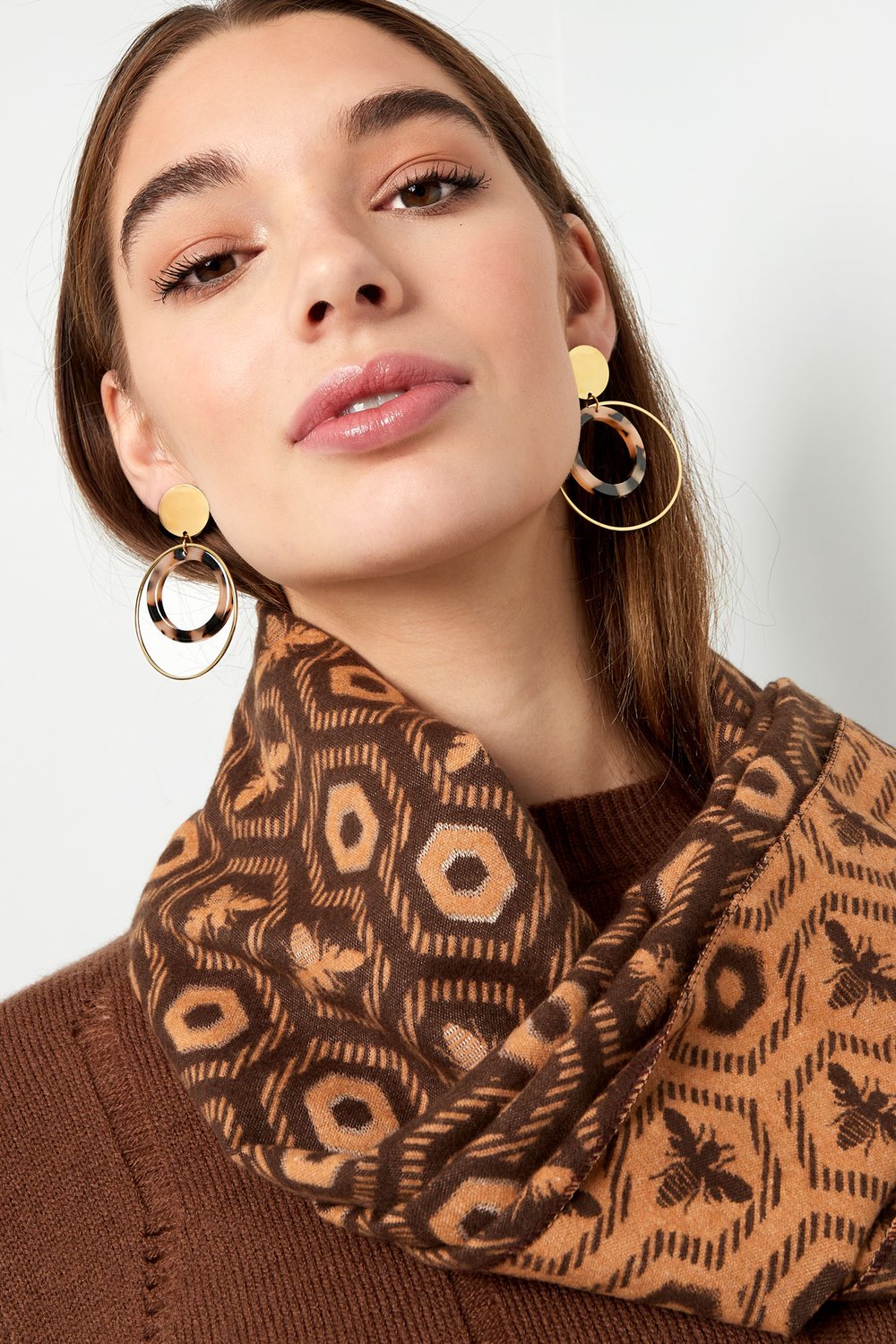 Earrings double round - Gold color/beige Picture2