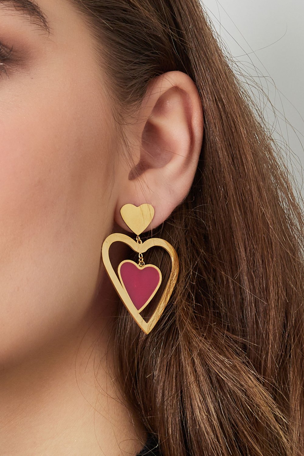 Double heart earrings - Gold color/pink h5Picture3