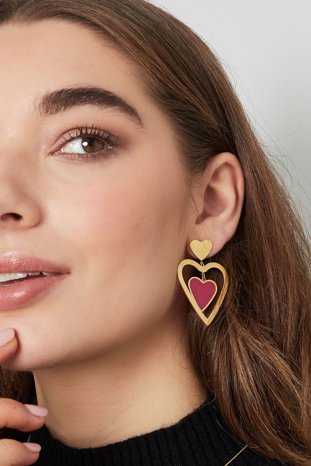Double heart earrings - Gold color/pink h5Picture4