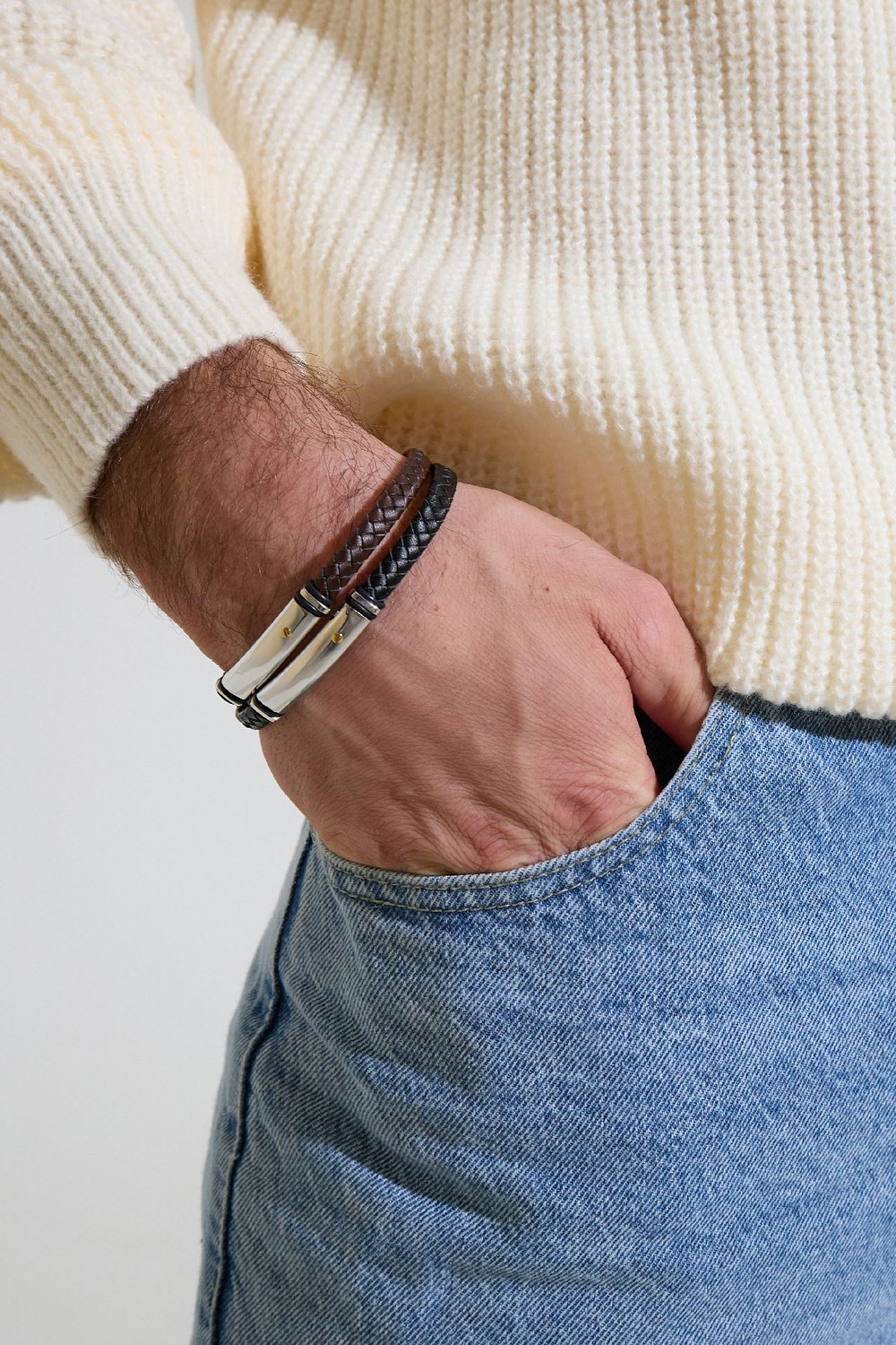 Pulsera de hombre trenzada - plata/negro Imagen3