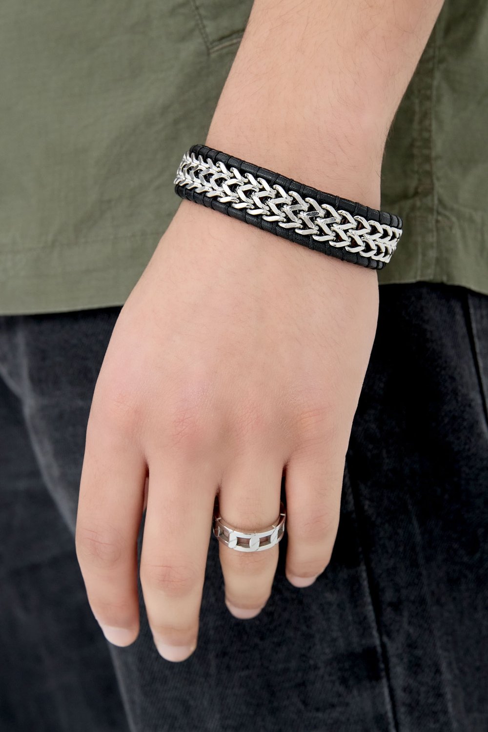 Men's bracelet with leather - silver color black h5Picture3