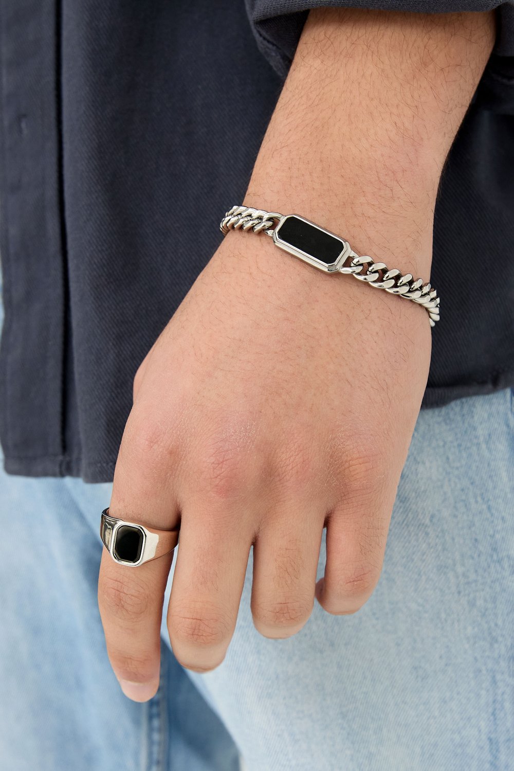link bracelet with black stone - Silver Color color h5Picture2