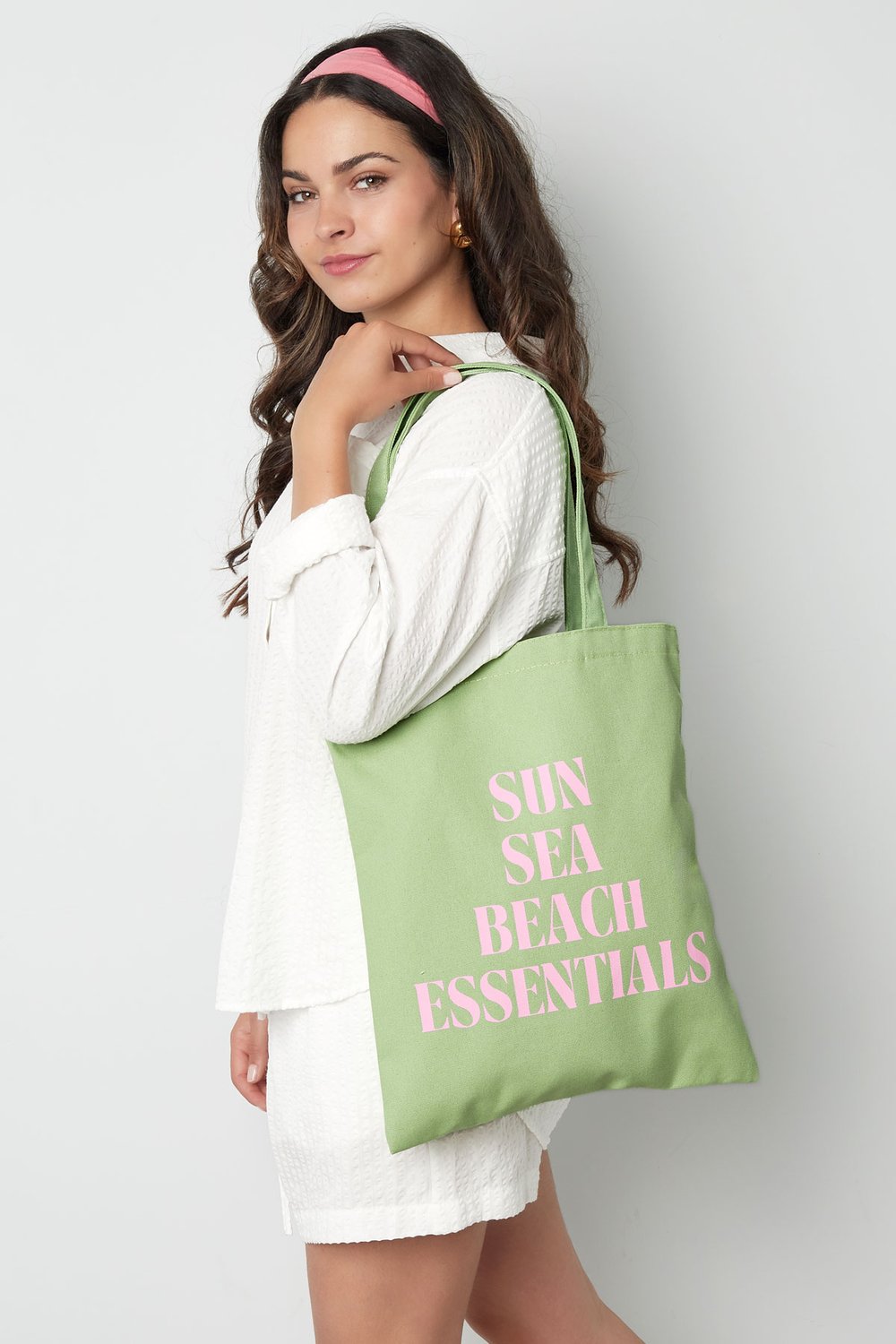 Canvas shopper sun sea beach - groen roze Afbeelding3
