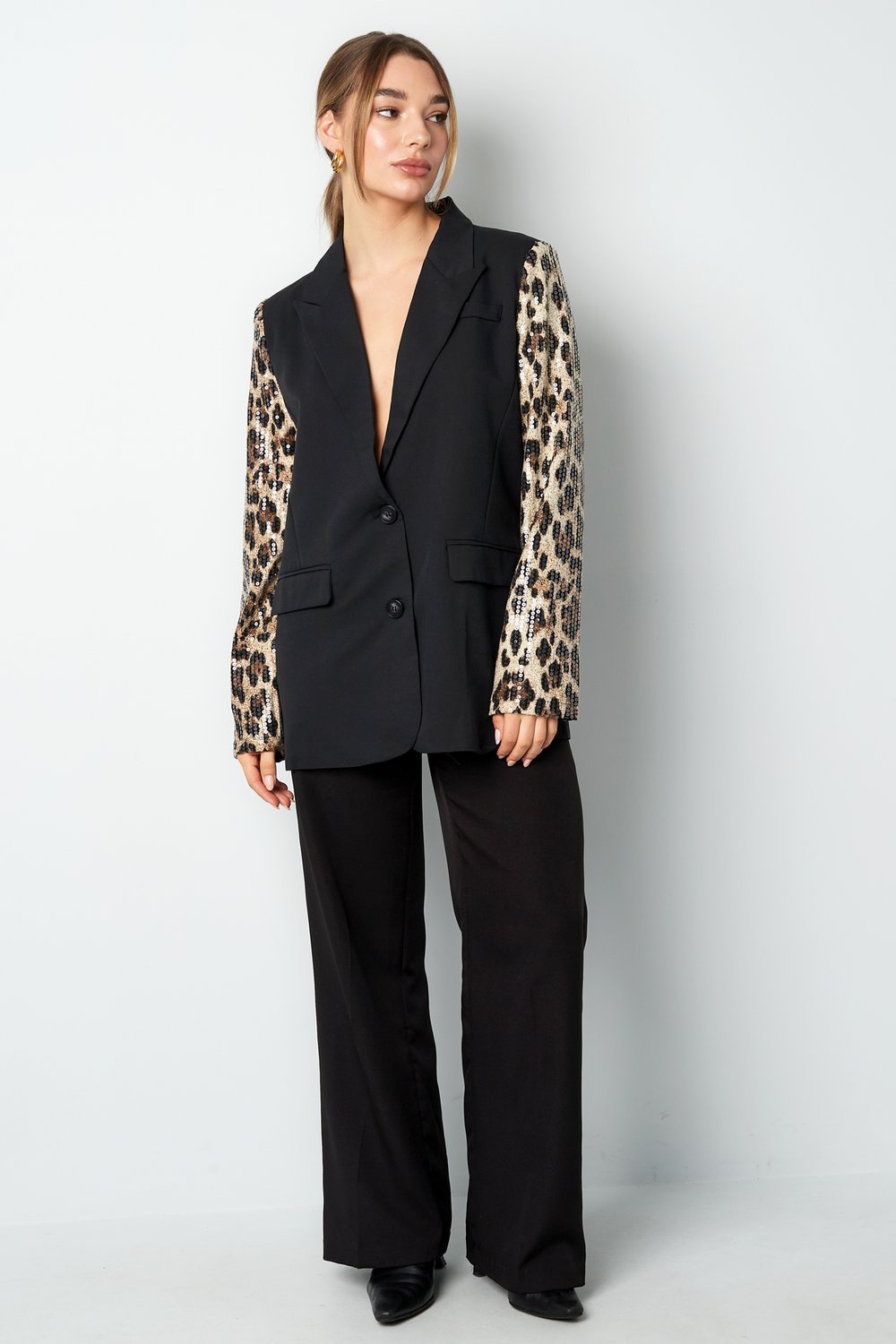 Blazer with leopard print glitter sleeve - gray Picture6