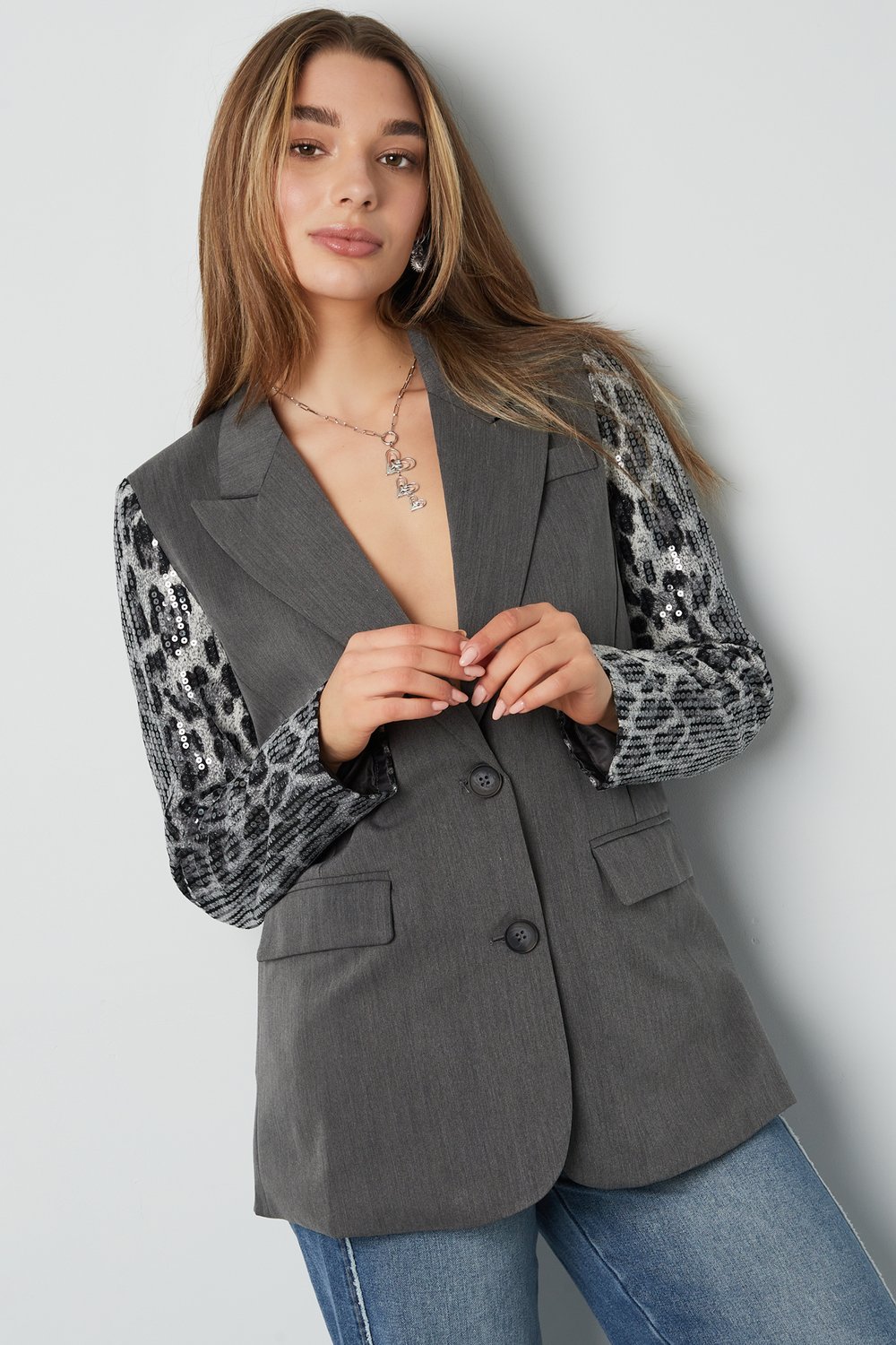 Blazer with leopard print glitter sleeve - gray Picture5
