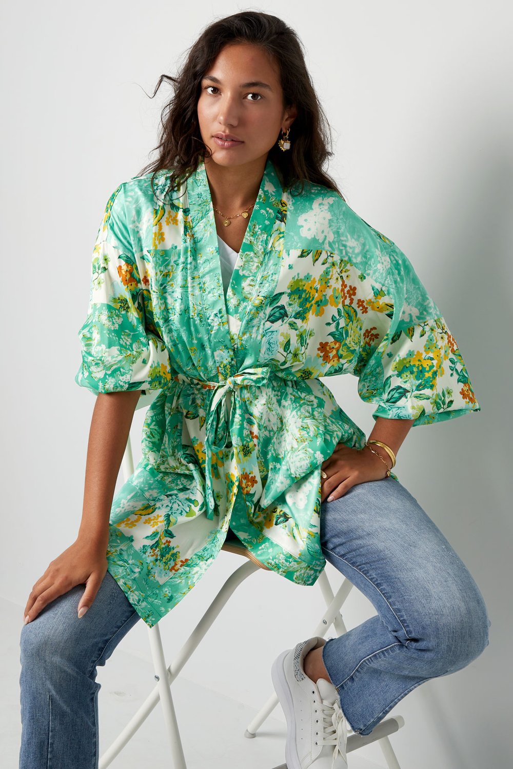 Korte kimono groene bloemen - multi Afbeelding2