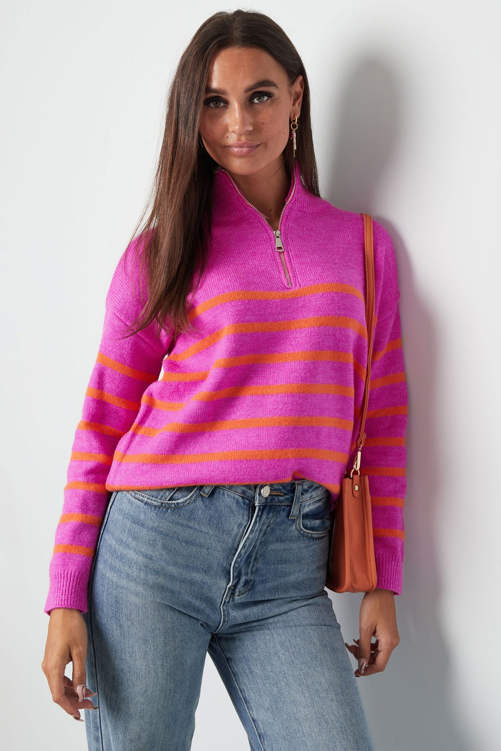 Knitted sweater stripes with zipper - beige black - SM Picture2