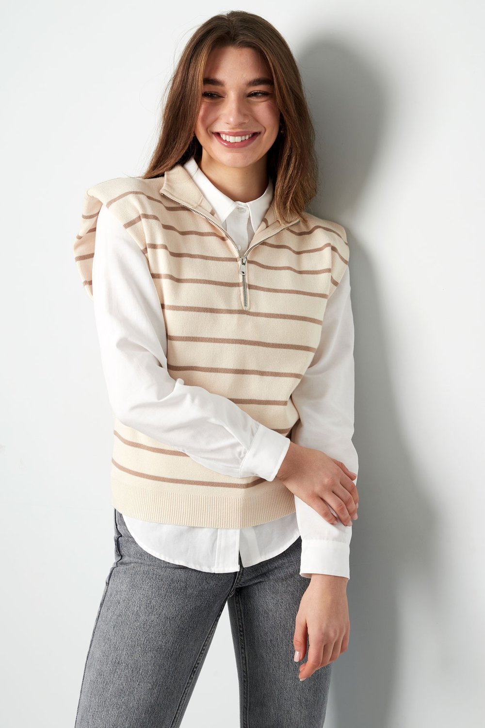 Gestreepte spencer met rits - beige bruin Afbeelding3