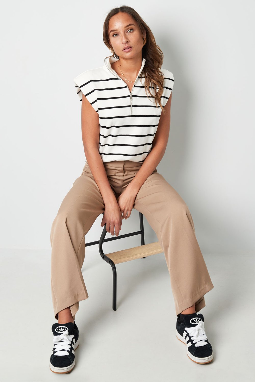 Gestreepte spencer met rits - beige bruin Afbeelding9