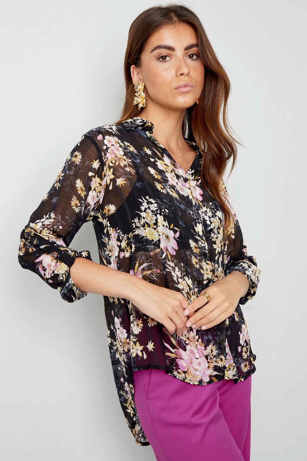 Blouse floral print brown purple Picture2