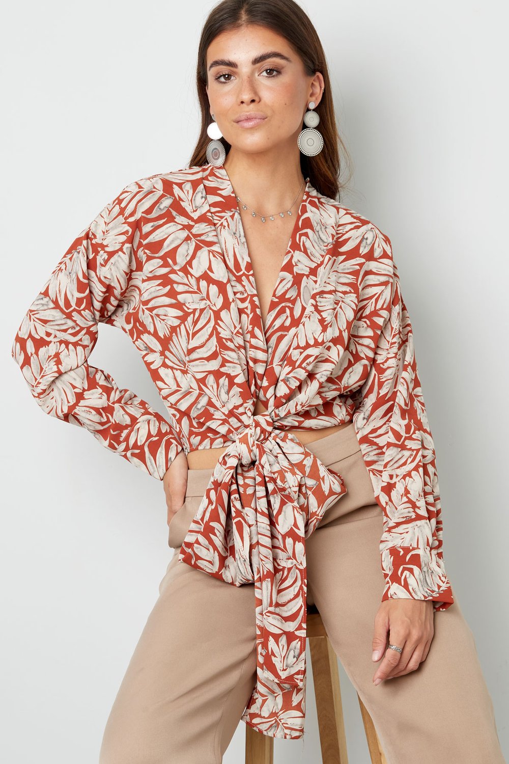 Wrap blouse leaf print green h5Picture4