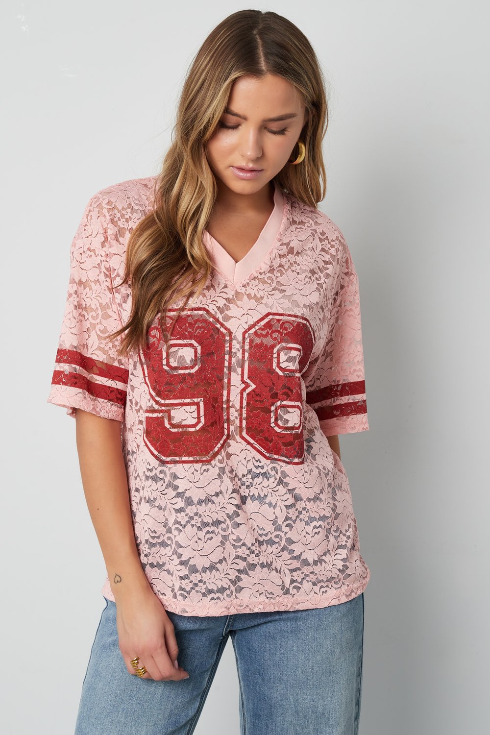 V-Neck Lace American T-shirt Picture10