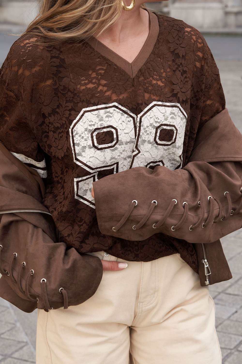 V-Neck Lace American T-shirt Picture4