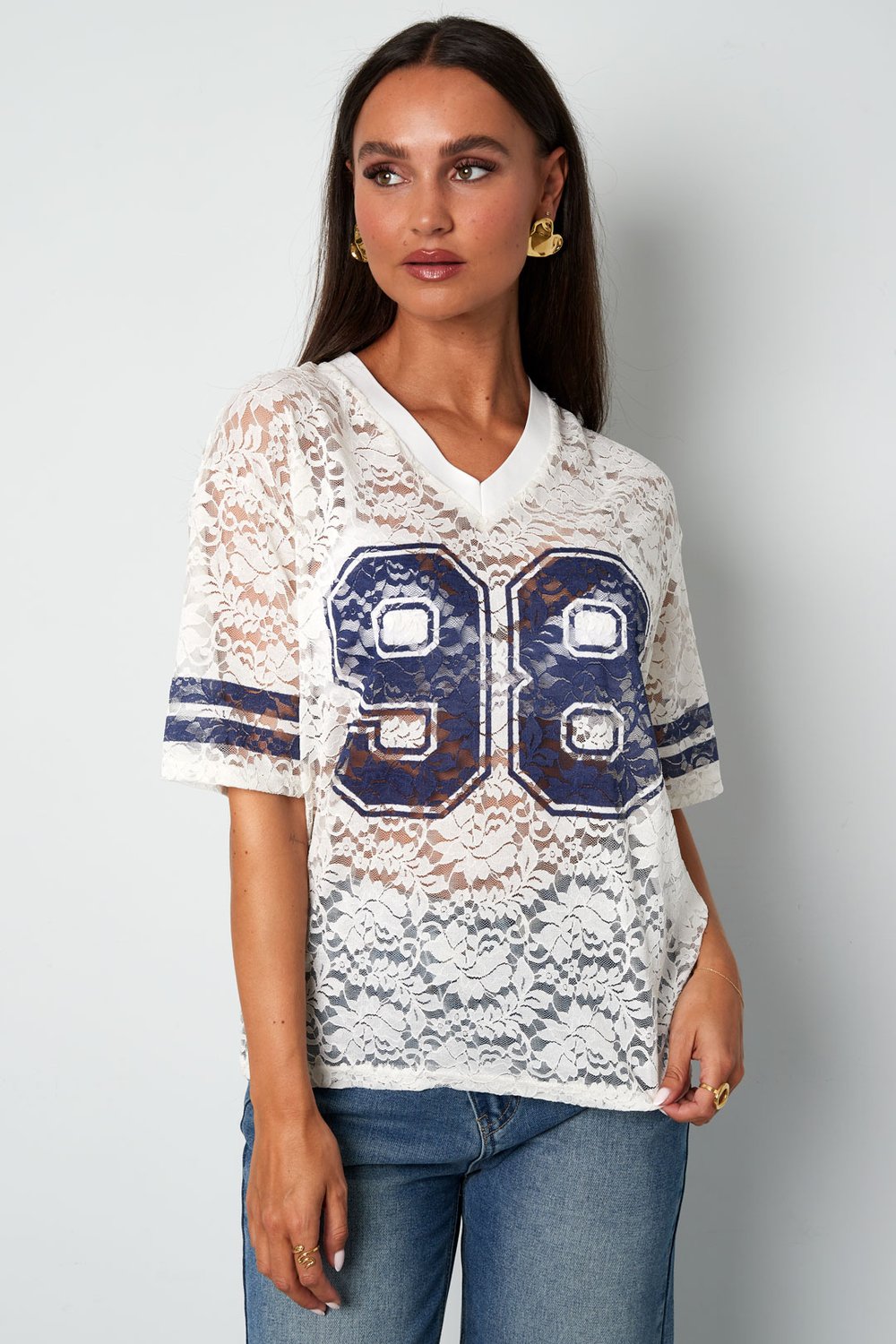 V-Neck Lace American T-shirt Picture6