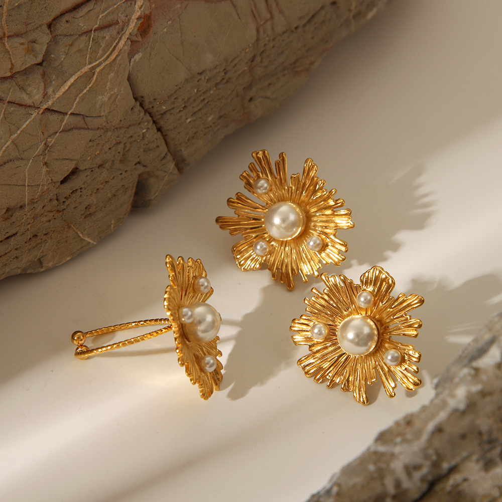 Elegant Flower Stainless  Steel Gold Color Earring Set h5Picture2