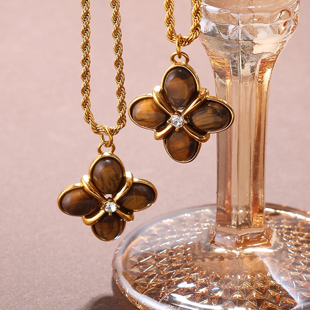 Collana con ciondolo in pietra naturale color oro in acciaio inossidabile con fiore retrò da 1 pezzo h5Immagine3