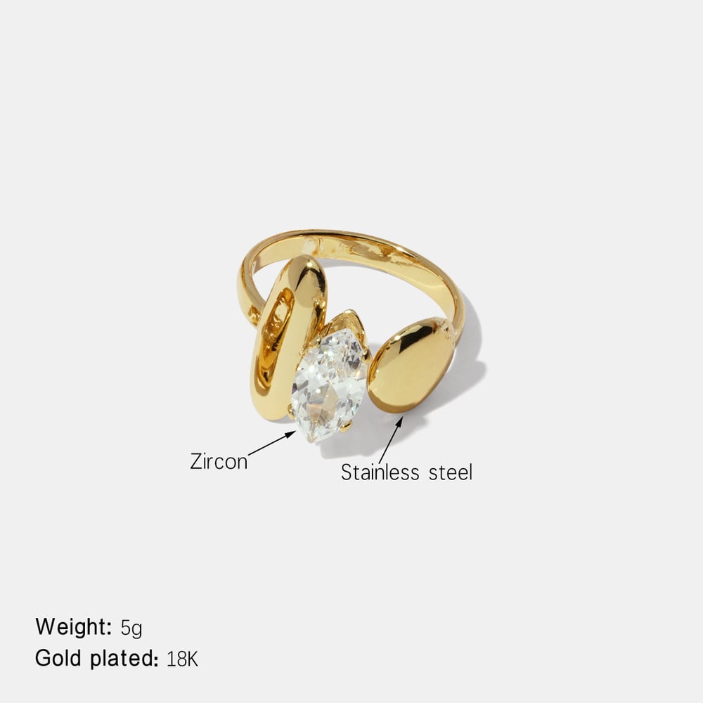 Irregular Shape Stainless Steel Gold Color Zircon Gemstone Ring