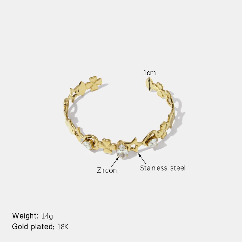 Heart Star Clover Stainless Steel Zircon Cuff Bracelet