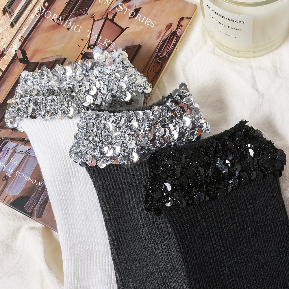 1 Stück leichte, luxuriöse, gestrickte Damensocken mit Pailletten in Wadenlänge h5Bild4