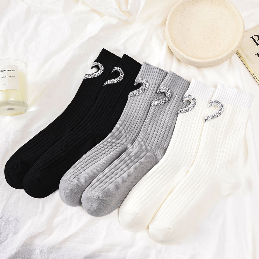 Leichte, luxuriöse Damensocken aus reiner Baumwolle mit Strassbesatz und hohlem Herz h5Bild3