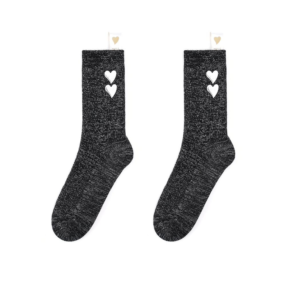 Modische, herzförmige, aus reiner Baumwolle gestrickte Damensocken mit silbernem Faden in Wadenlänge