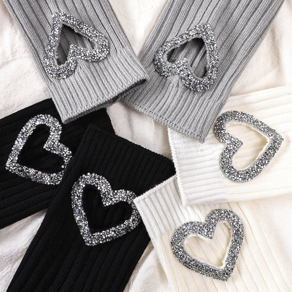 Leichte, luxuriöse Damensocken aus reiner Baumwolle mit Strassbesatz und hohlem Herz h5Bild2