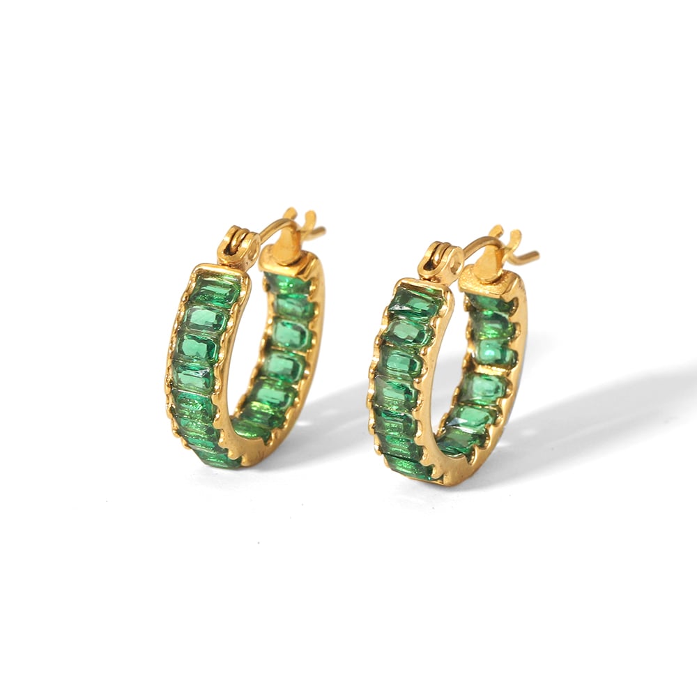 1 pair of elegant and fashionable  gold-plated stainless steel colorful rectangular zircon hoop earrings for women jewelry daily wear Picture7