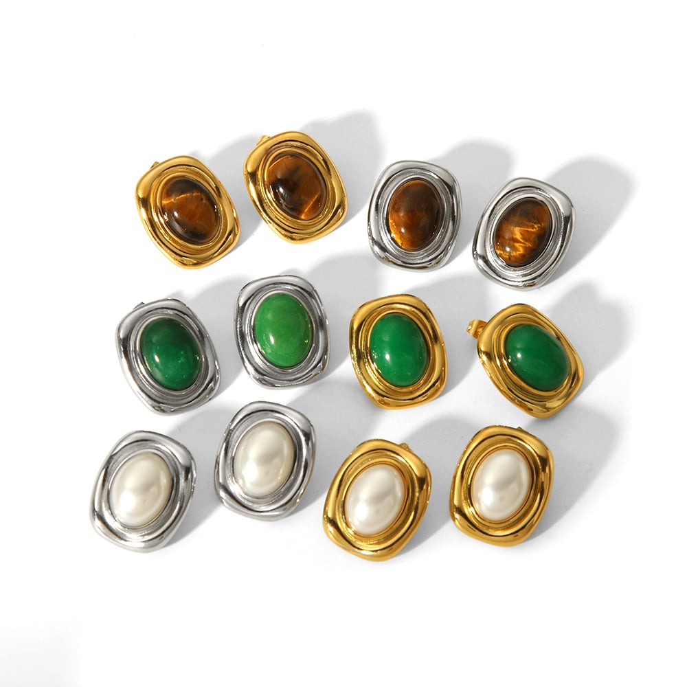 1 pair of classic  gold-plated stainless steel square geometric tiger eye stone earrings for women's daily wear Picture5