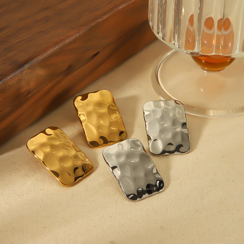 1 pair of personalized fashion  gold-plated stainless steel square hammer texture earrings for women's jewelry for daily wear Picture4