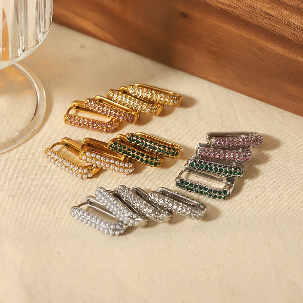 1 pair of stylish simple  gold-plated stainless steel rectangular diamond pearl earrings for women's jewelry for daily wear Picture4