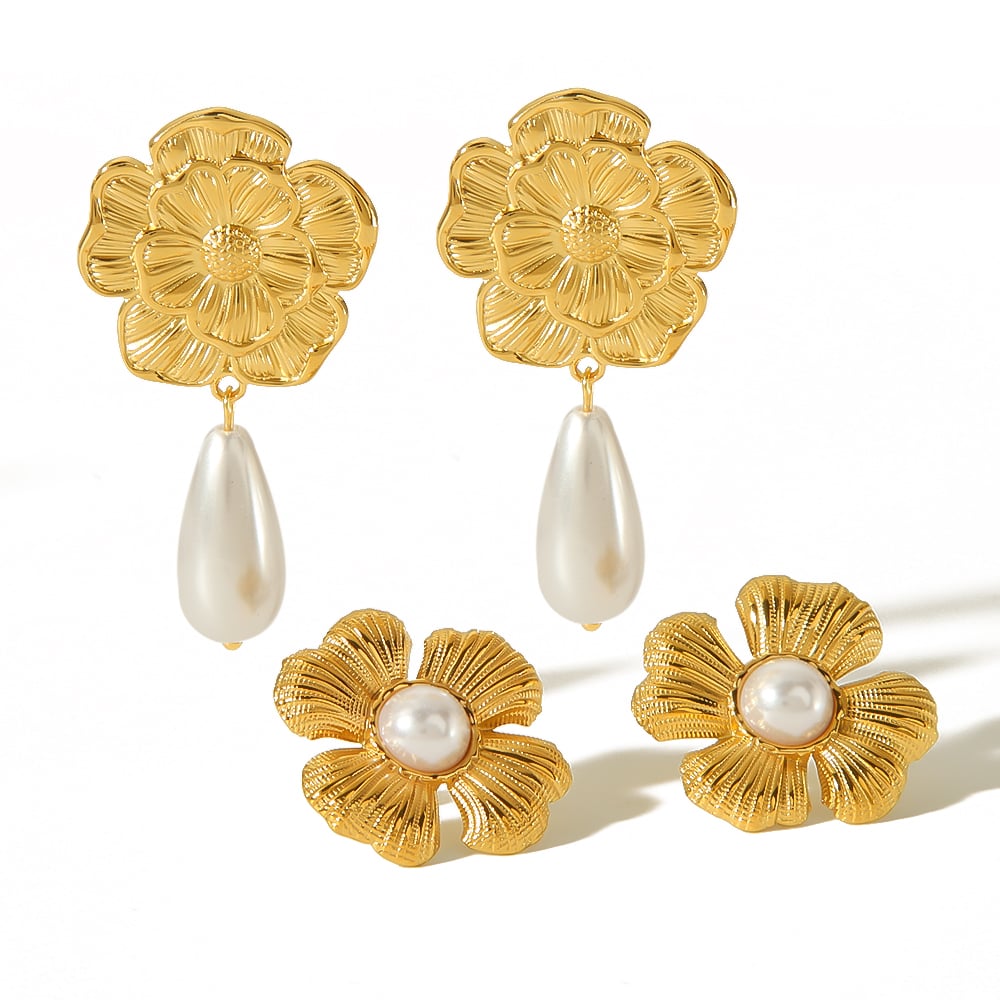 1 pair of exquisite and elegant  gold-plated stainless steel metal texture flower pearl earrings for women's jewelry for daily wear Picture5