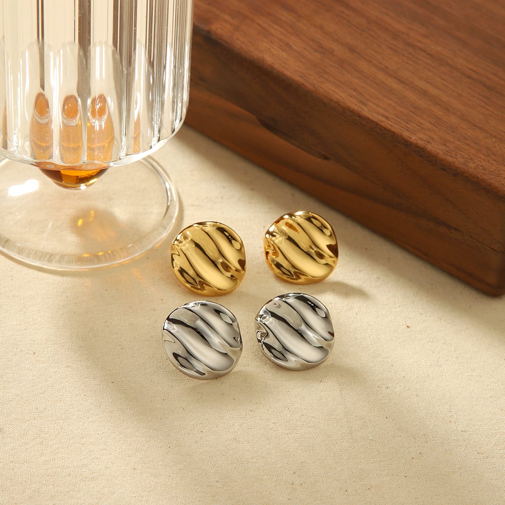1 pair of classic fashion  gold-plated stainless steel geometric round wrinkled texture earrings for women's jewelry for daily wear Picture3