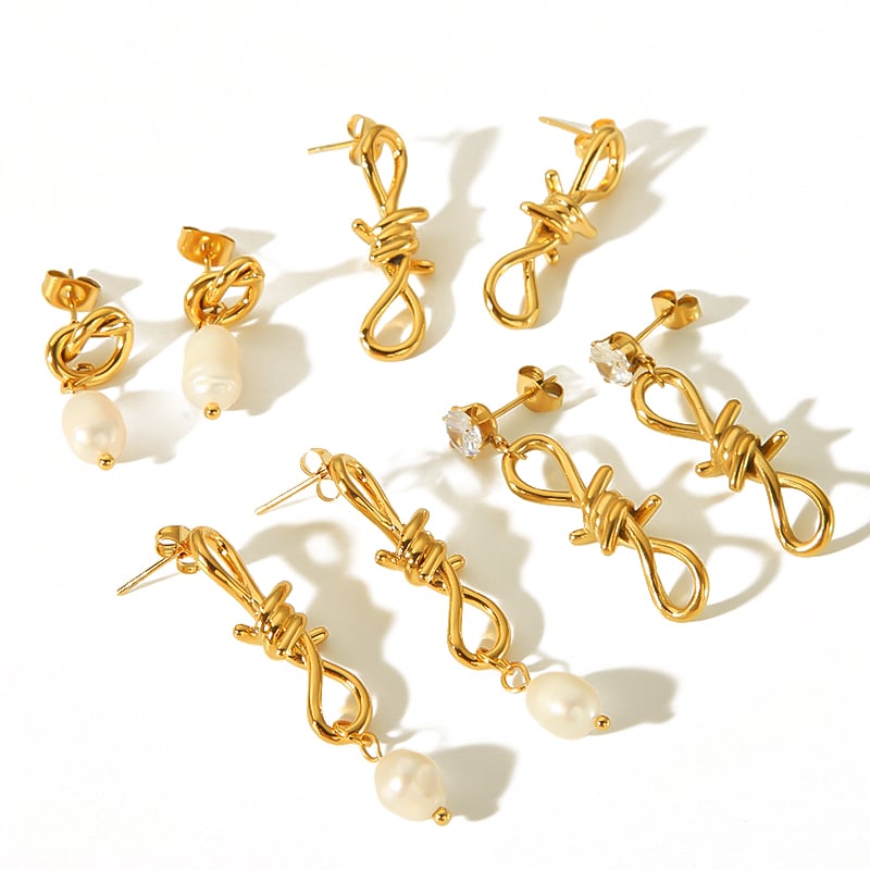 1 pair of creative exquisite  gold-plated stainless steel 8-shaped knot pearl earrings for women's daily wear Picture5