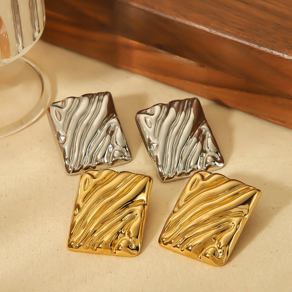 1 pair of classic simple  gold plated stainless steel wavy rectangle earrings for women jewelry daily wear h5Picture5