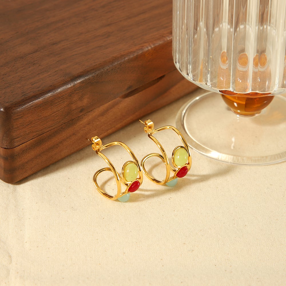 1 pair of creative and fashionable  gold-plated stainless steel hollow geometric gemstone earrings for women for daily wear Picture4