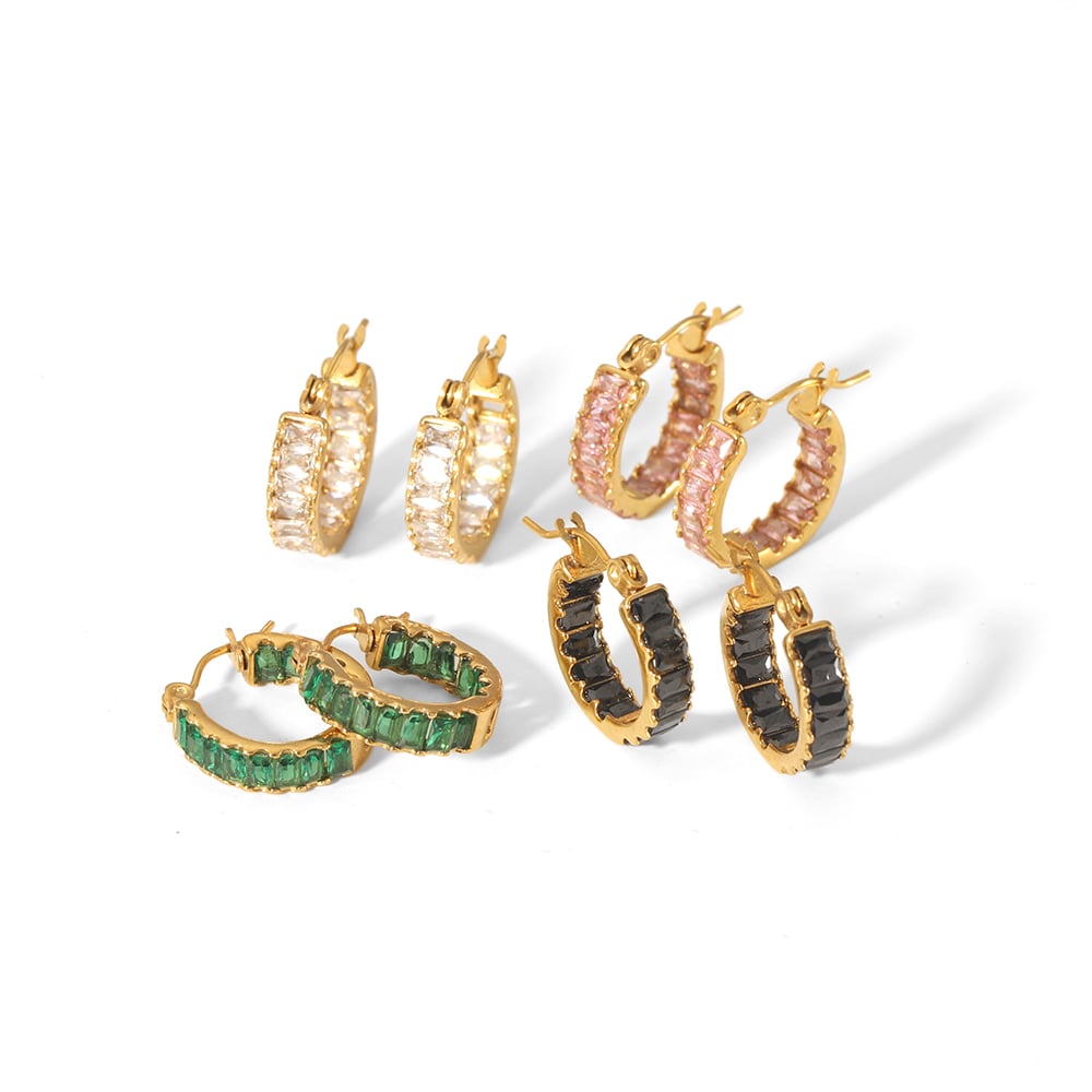 1 pair of elegant and fashionable  gold-plated stainless steel colorful rectangular zircon hoop earrings for women jewelry daily wear Picture5