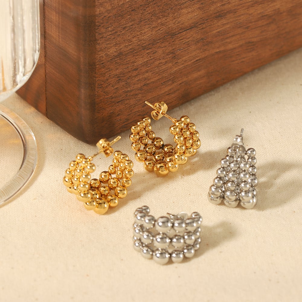 1 pair of creative and fashionable  gold-plated stainless steel round bead link C-shaped earrings suitable for women's daily wear Picture4