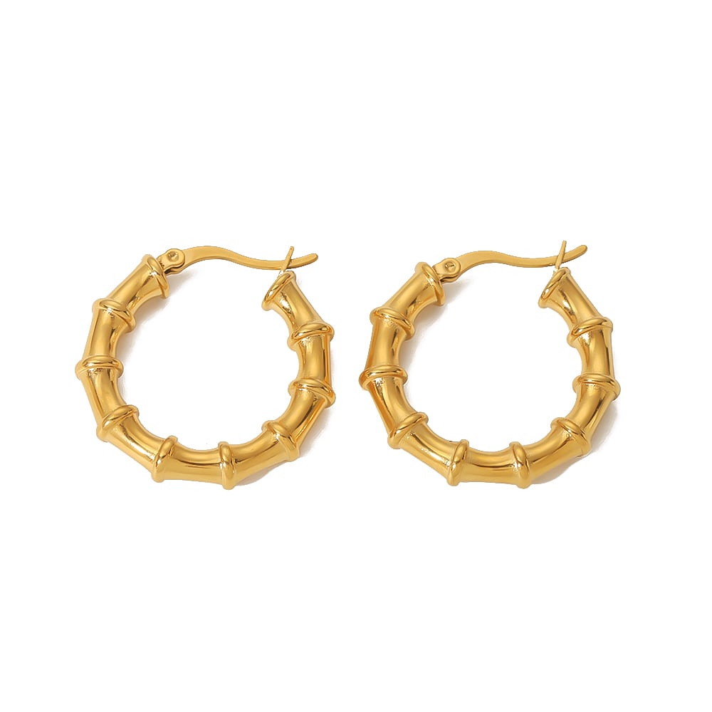 1 pair of simple and fashionable  gold-plated stainless steel bamboo hoop earrings for women for daily wear Picture5